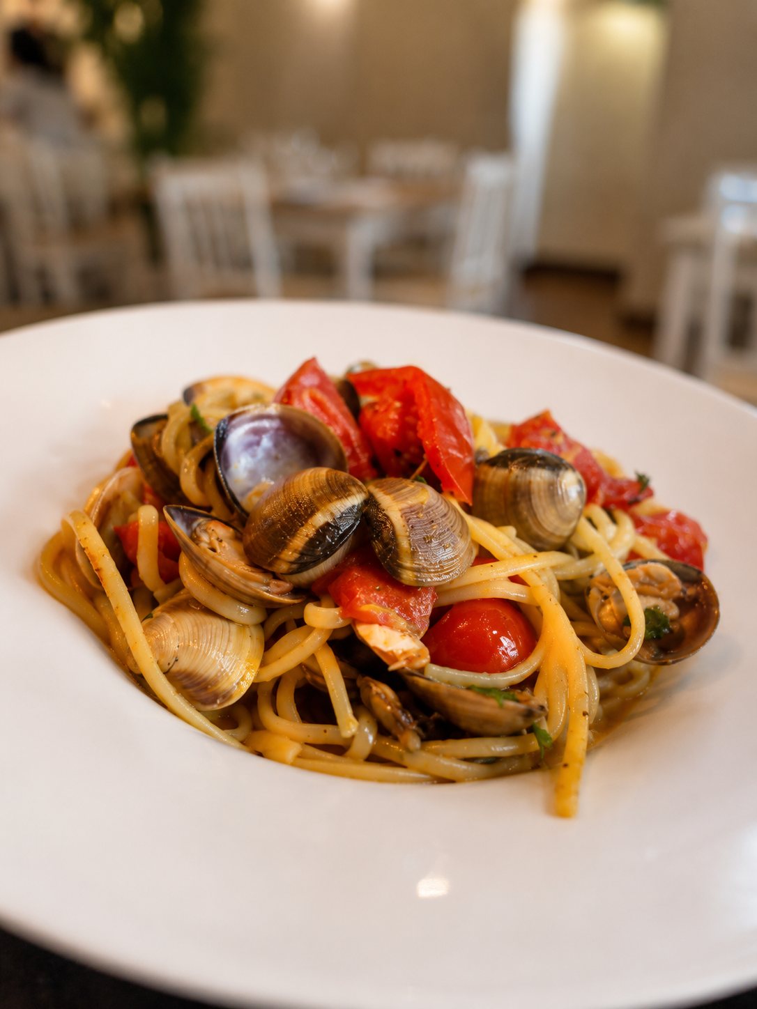 Linguine con vongole e pomodorini, sala del locale sullo sfondo